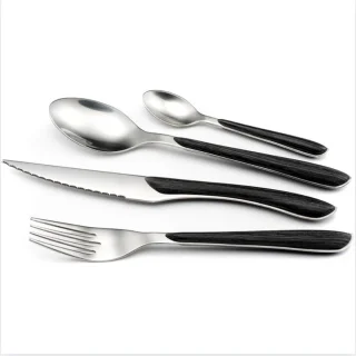 Nature bestekset, 24-delig, set voor 6 personen, houten handgrepen, vaatwasmachinebestendig, roestvrijstalen bestek Hoolz/zwart