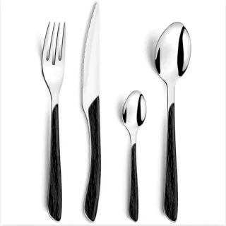 Nature bestekset, 24-delig, set voor 6 personen, houten handgrepen, vaatwasmachinebestendig, roestvrijstalen bestek Hoolz/zwart