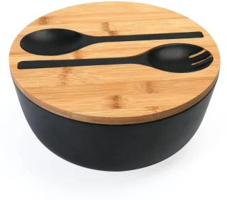 Zwarte saladekomset, 9,8 inch grote bamboevezelsaladekom met deksel