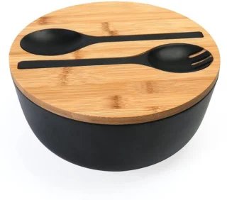 Zwarte saladekomset, 9,8 inch grote bamboevezelsaladekom met deksel