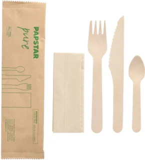 50 Besteksets Hout pure : Messer, Gabel, Kaffeelöffel, Serviette in Papierbeutel