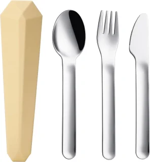 3-in-1 reisbestek met etui - Herbruikbaar kampeerbestek - Draagbare vork-, lepel- en messenset - Gemaakt van roestvrij staal - Perfect voor lunch, picknicks, school en werk (Kaasgeel - 16x3,4 cm)