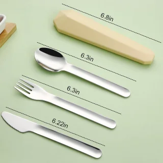 3-in-1 reisbestek met etui - Herbruikbaar kampeerbestek - Draagbare vork-, lepel- en messenset - Gemaakt van roestvrij staal - Perfect voor lunch, picknicks, school en werk (Kaasgeel - 16x3,4 cm)