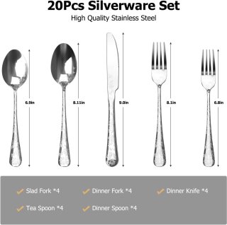 Wat vinden we goed aan de Bestekset voor 4 personen – Servies - 20-delig roestvrijstalen bestek – zilver gepolijst patroon – inclusief messen, vorken en theelepels – geschikt voor keuken/eetkamer/feestjes