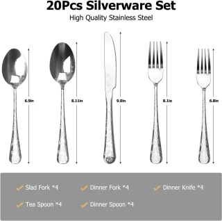 Bestekset voor 4 personen – Servies - 20-delig roestvrijstalen bestek – zilver gepolijst patroon – inclusief messen, vorken en theelepels – geschikt voor keuken/eetkamer/feestjes
