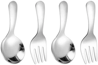 QTTVBTNA 4-delige herbruikbare bestekset - korte steel lepels en vorken - roestvrij staal - dessert, yoghurt, pasta, salade - geschikt voor kinderen en volwassenen - Zilver