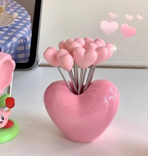 10x RVS fruitvorken met roze Love Holder
