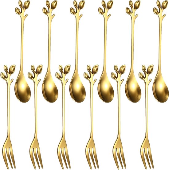 12-delige gouden bestekset roestvrijstaal voor koffie en fruit