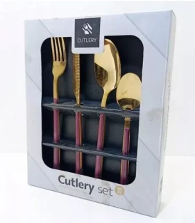 16-delige gouden bestekset met paars handvat