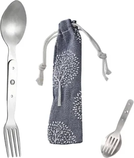 2-in-1 camping bestek set van roestvrijstalen spork met tas
