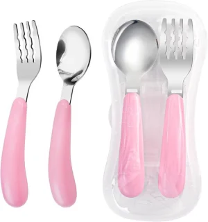 2 Stuks Peuter Vork en Lepel Set met Reiskoffer (Roze)