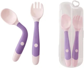 2 stuks peutervoeding lepel-vorkset Easy Grip (paars)
