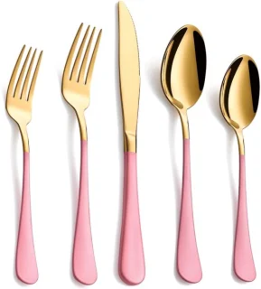 20-delige bestekset in goud, zwart en zilver, voor 4 personen, roestvrij staal, inclusief mes, vork, lepel, saladevork en theelepel, vaatwasmachinebestendig - roze.