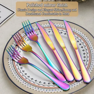 24-delig steakbestek set regenboog titanium roestvrij staal
