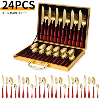 24-delige bestekset (6-persoons) RVS rood/goud