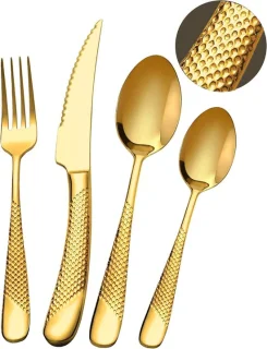 24-delige moderne gehamerde gouden bestekset voor 6 personen