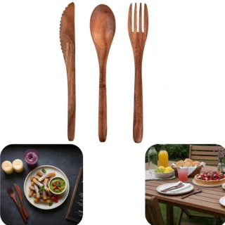 3 delig houten bestekset vork, lepel en tafelmes (bruin, meerdere maten)