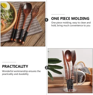 3-delig houten reisbestekset - 22,5 cm - Bruin