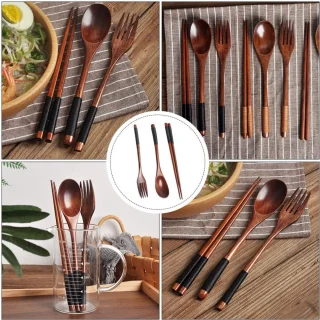 3-delig houten reisbestekset - 22,5 cm - Bruin