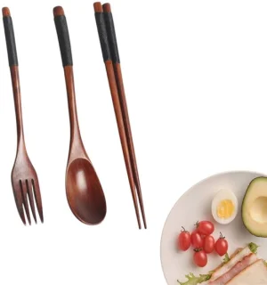3-delig houten reisbestekset - 22,5 cm - Bruin