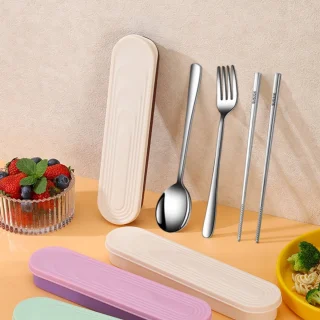 3-delige bestekset 316RVS (lepel, vork, eetstokjes) - crèmekleurige etui