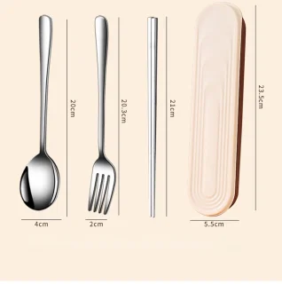 3-delige bestekset 316RVS (lepel, vork, eetstokjes) - crèmekleurige etui