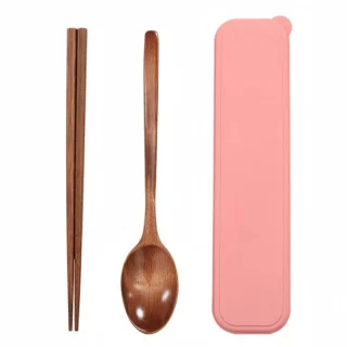 3-delige bestekset (bestekdoos, eetstokjes, lepel) - Roze