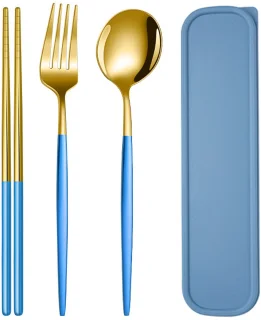 3-delige RVS bestekset – eetstokjes, lepel en vork (zwart/roze/blauw)