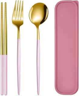 3-delige RVS bestekset – eetstokjes, lepel en vork (zwart/roze/blauw)