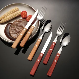3-delige RVS bestekset - steakmes, vork en lepel - roodbruin