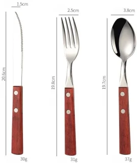 3-delige RVS bestekset - steakmes, vork en lepel - roodbruin