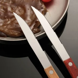 3-delige RVS bestekset - steakmes, vork en lepel - roodbruin