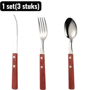 3-delige RVS bestekset - steakmes, vork en lepel - roodbruin