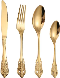 4-delige bestekset RVS goud - vork, lepel, mes, theelepel