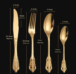 4-delige bestekset RVS goud - vork, lepel, mes, theelepel
