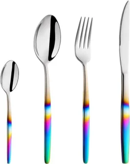 4-delige bestekset van RVS met regenboog handvatten voor 1 persoon