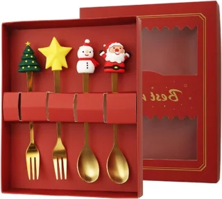 4-delige Kerst Cartoon Bestekset (RVS) – Lepels & Vorken in Cadeaubox