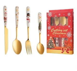 4-delige kerstbestekset met kerstman, sneeuwpop en kerstboom