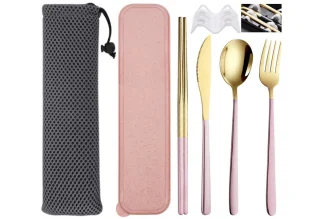 4-delige Roestvrijstalen Bestekset Roze-Goud met Opbergdoos en Tas
