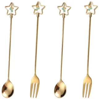 4-delige RVS bestekset dessertlepels en vorken goud Ster