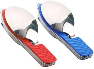 4-in-1 Camping Bestekset van RVS, rood en blauw