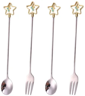 4x RVS bestekset dessertlepels en vorken Ster zilver