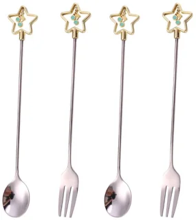 4x RVS bestekset dessertlepels en vorken Ster zilver