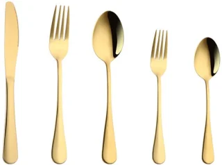 5 stuks bestekset - steakmes, dessertlepel, dessertvork - goudkleurig