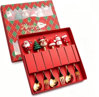 6-delig kerstservies met goudkleurig bestek, 16 cm