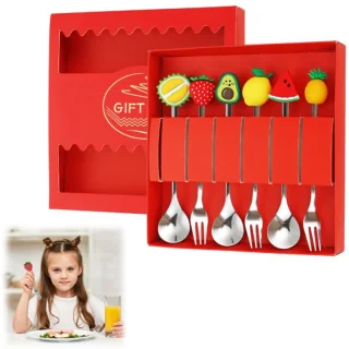 6-delige bestekset - Dessertlepel - Fruitvork - Voorgerechtenlepel - Roestvrijstalen bestek - Koffieroerlepel - Fruitpatroon - Saladevork - Verpakt in geschenkdoos - Voor fruit, yoghurt, voorgerechten, koffie (16 cm - zilver)