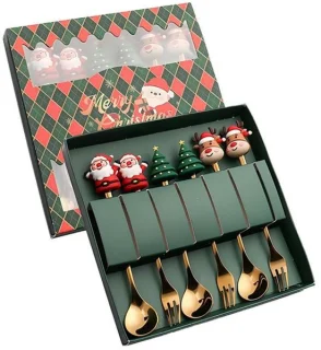6-delige kerstbestekset met kerstman, kerstboom en rendier