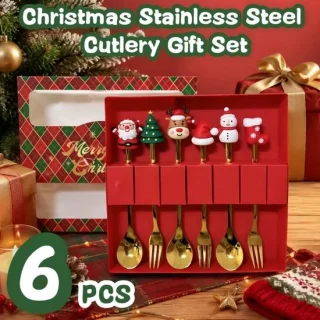 6-delige kerstvork- en lepelset met kerstfiguren - rood