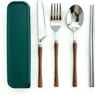 6-delige RVS-bestekset met houten handvatten