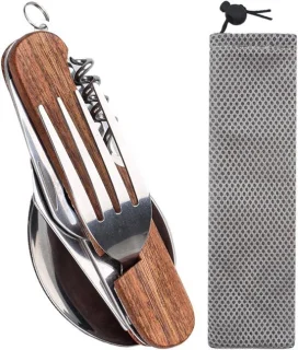 6-in-1 camping bestekset met houten handvat
